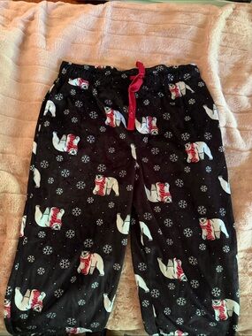 Black Polar Bear Print Pajama Pants with Red Drawstring